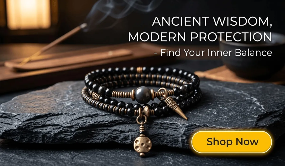 Black Obsidian Mala Beads: A Spiritual Guide to Protection and Grounding 2 - Buddha Bodhis Authentic Black Obsidian and Ebony Wood Mala Bracelet for Root Chakra protection and grounding, featured in a high-end spiritual wellness blog style.