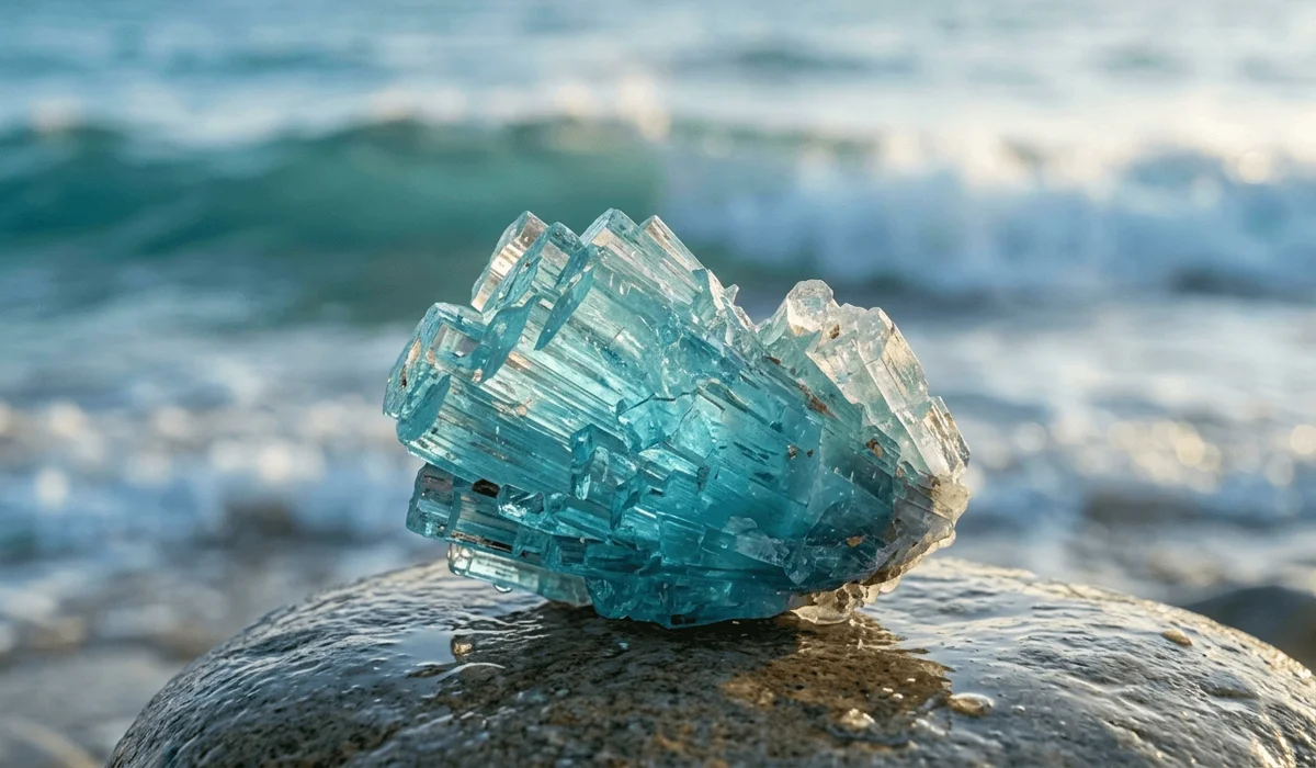 Aquamarine for the Throat Chakra: Enhancing Authentic Communication and Truth - Buddha Bodhis Raw Aquamarine crystal on a beach stone with ocean waves, representing the water element and Throat Chakra serenity.