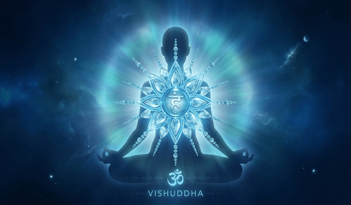 Aquamarine for the Throat Chakra: Enhancing Authentic Communication and Truth 1 - Buddha Bodhis Ethereal illustration of the Throat Chakra glowing with blue light and Aquamarine energy for authentic communication.