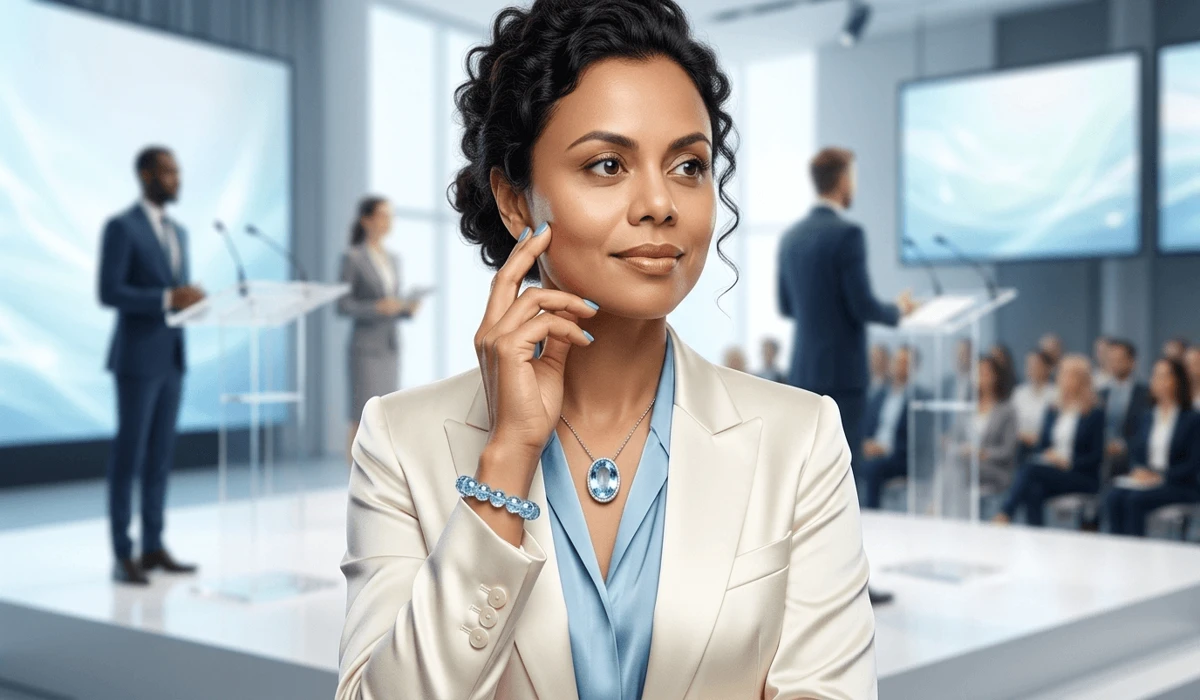 Aquamarine for the Throat Chakra: Enhancing Authentic Communication and Truth 5 - Buddha Bodhis Woman wearing an Aquamarine necklace and bracelet for Throat Chakra support and vocal confidence during communication.