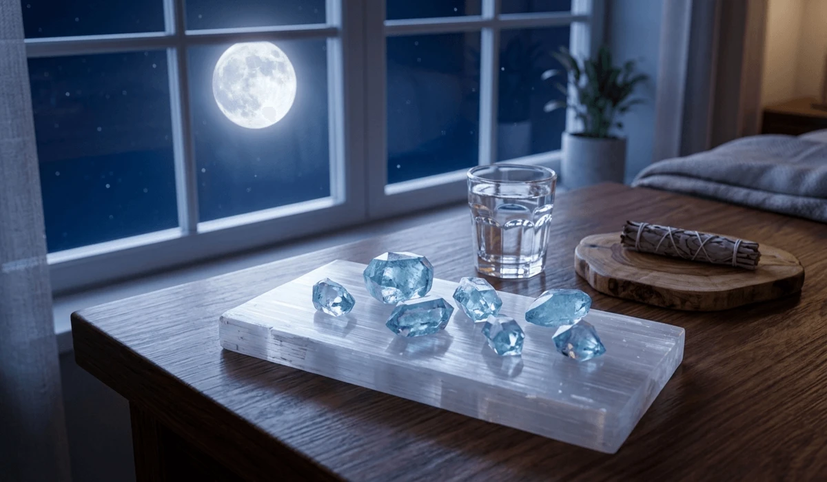 Aquamarine for the Throat Chakra: Enhancing Authentic Communication and Truth 6 - Buddha Bodhis Aquamarine crystals being charged on a Selenite plate under moonlight to cleanse their spiritual energy for communication.