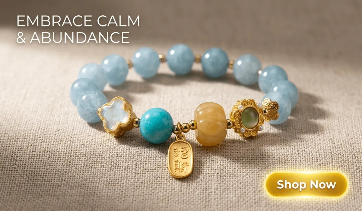 Aquamarine for the Throat Chakra: Enhancing Authentic Communication and Truth 2 - Buddha Bodhis Natural Aquamarine and Golden Pumpkin Bracelet for Luck and Abundance - High-end wellness jewelry for SEO blog content