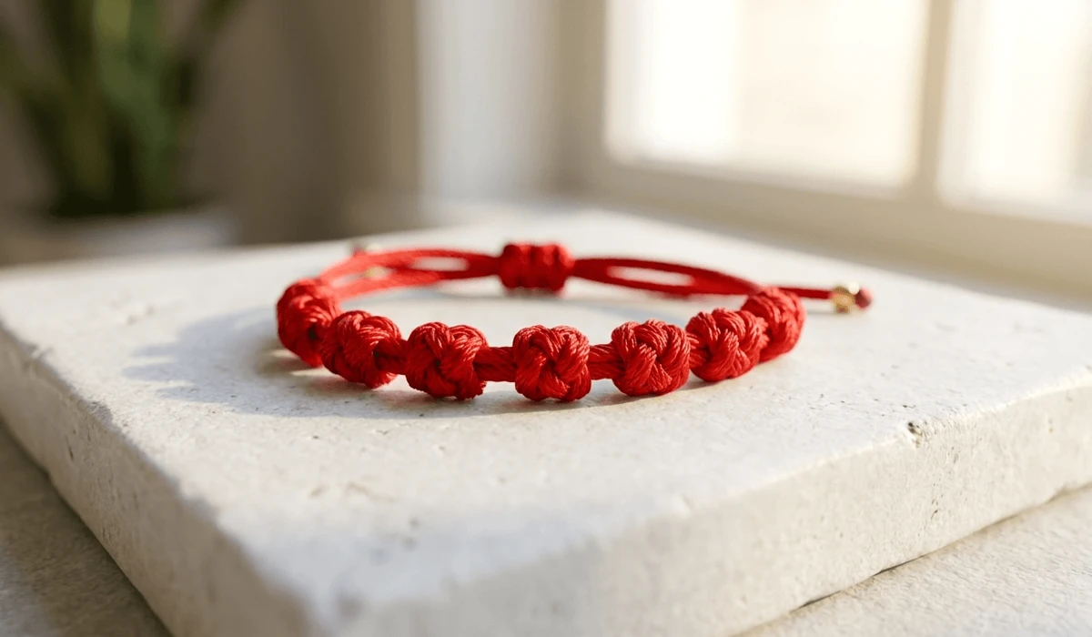 A Spiritual Guide to the 7 Knots Protection Bracelet: Meaning, Rituals, and Benefits - Buddha Bodhis A close-up high-quality photo of a traditional red string 7 knots protection bracelet on a minimalist stone background.
