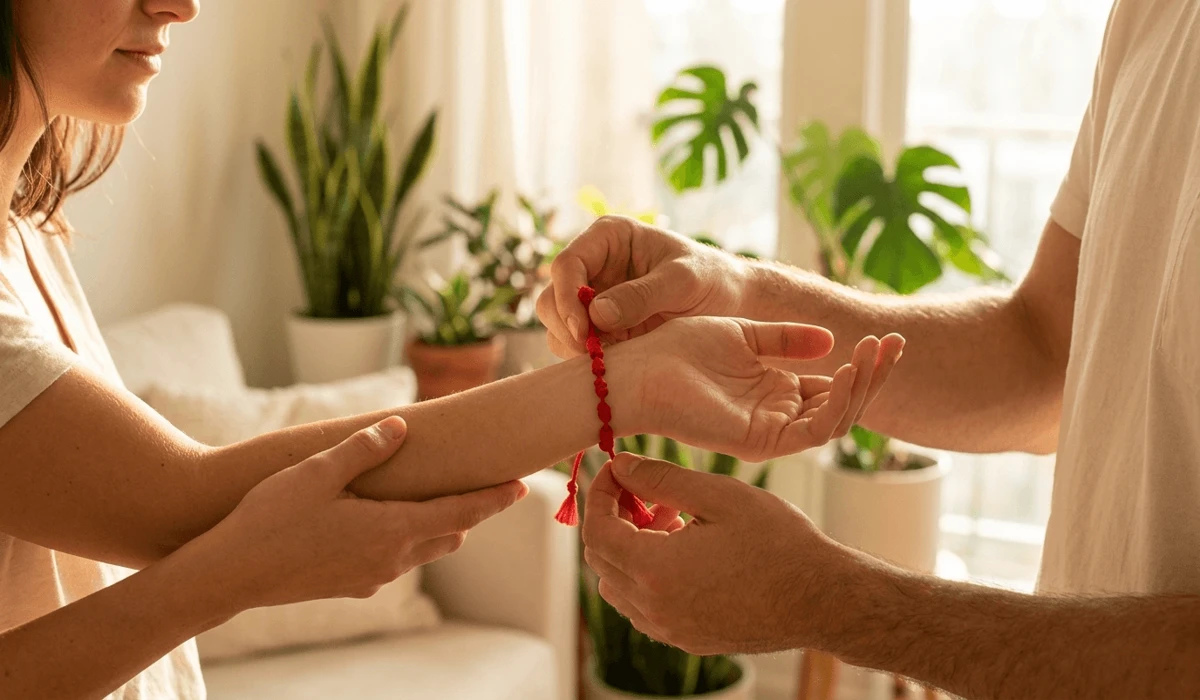 A Spiritual Guide to the 7 Knots Protection Bracelet: Meaning, Rituals, and Benefits 2 - Buddha Bodhis A lifestyle image showing the ritual of tying a 7 knots protection bracelet on the left wrist for spiritual energy.