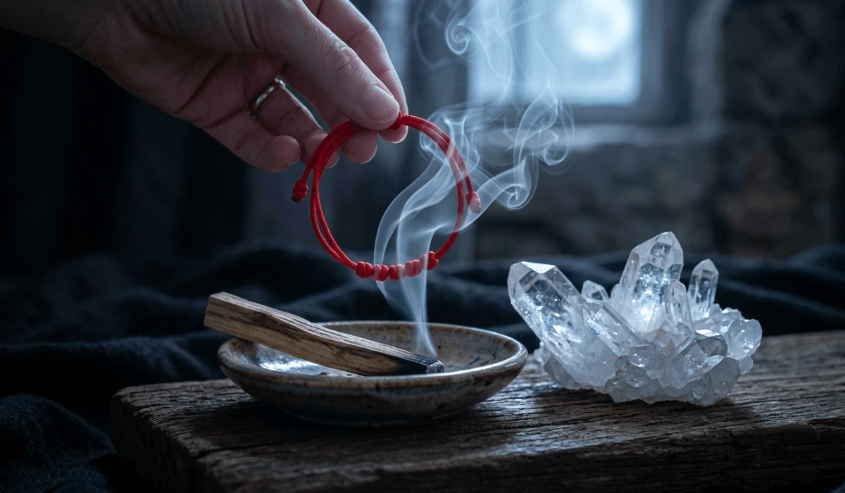 A Spiritual Guide to the 7 Knots Protection Bracelet: Meaning, Rituals, and Benefits 4 - Buddha Bodhis A red string 7 knots bracelet being cleansed with Palo Santo smoke and a clear quartz crystal for energy charging.