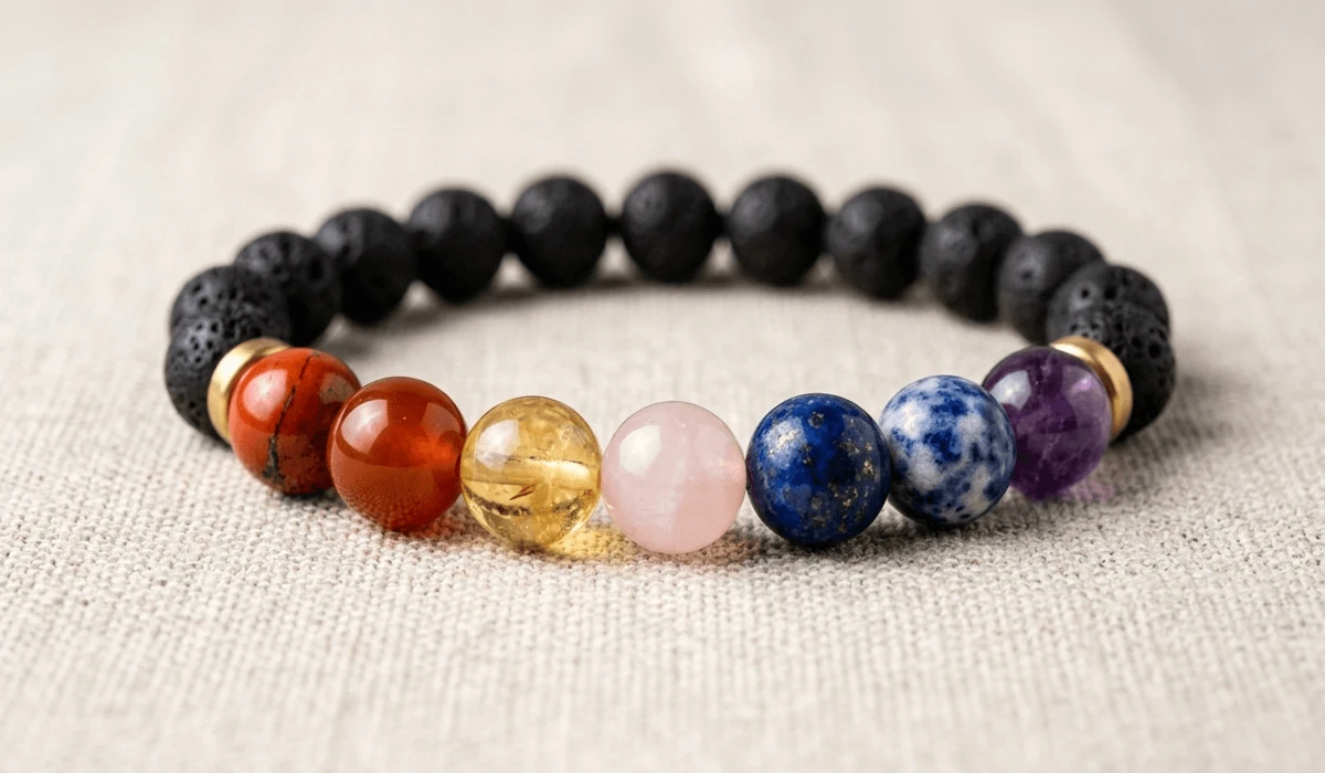 7 Chakra Bracelets for Women: A Guide to Finding Emotional Balance and Inner Peace - Buddha Bodhis Close-up of a 7 chakra bracelet for women featuring authentic gemstones and black lava beads on a linen background.