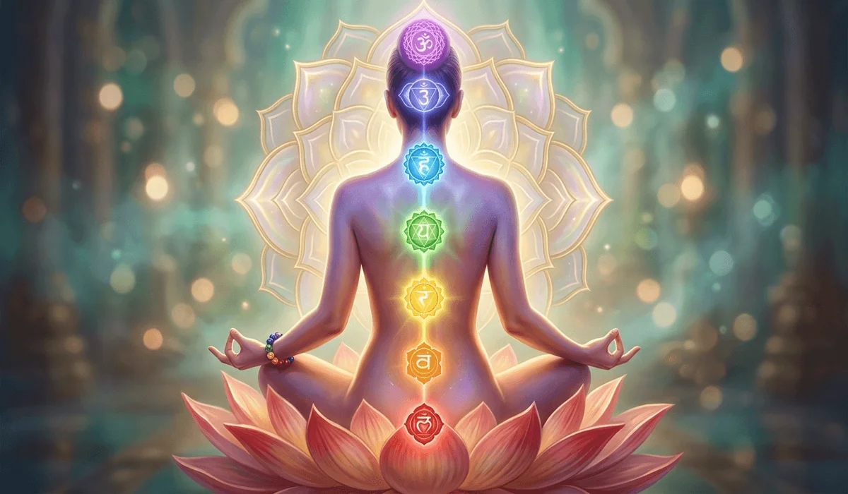 7 Chakra Bracelets for Women: A Guide to Finding Emotional Balance and Inner Peace 2 - Buddha Bodhis A woman meditating with a 7 chakra bracelet, illustrating the alignment of energy centers and spiritual symbolism.