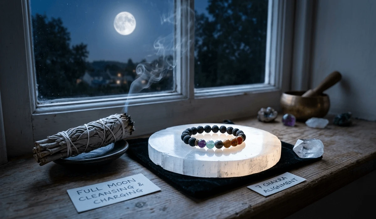 7 Chakra Bracelets for Women: A Guide to Finding Emotional Balance and Inner Peace 6 - Buddha Bodhis A 7 chakra bracelet being cleansed on a selenite plate under moonlight with a sage smudge stick.