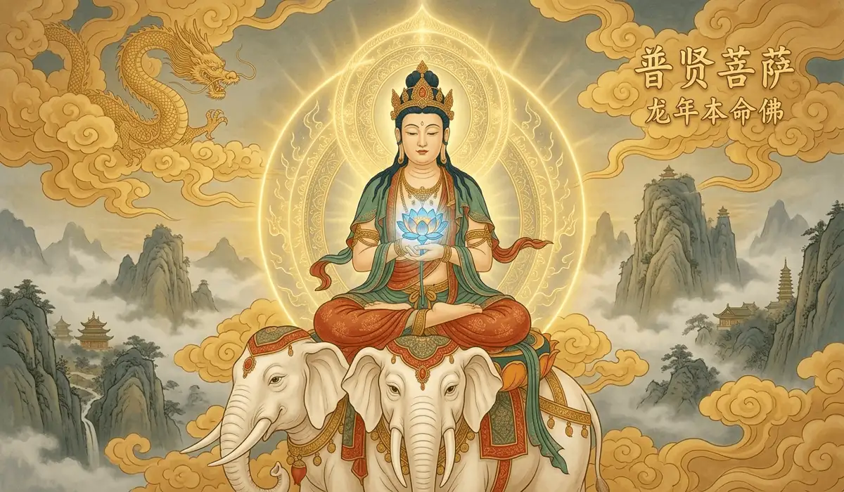 The Meaning of the Dragon Zodiac: Personality, Action, and Guardian Buddha Samantabhadra 1 - Buddha Bodhis Samantabhadra Bodhisattva seated on a six-tusked white elephant, the guardian Buddha providing spiritual protection for the Dragon zodiac.