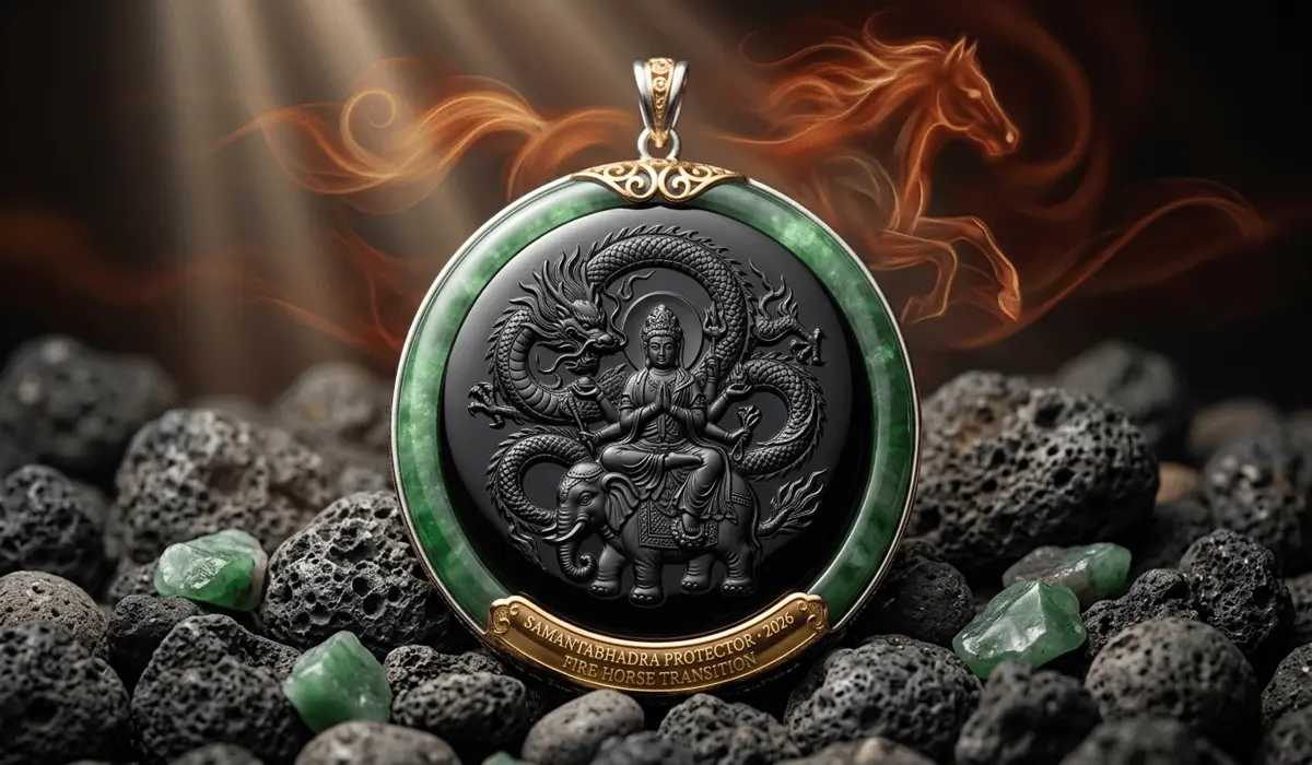 The Meaning of the Dragon Zodiac: Personality, Action, and Guardian Buddha Samantabhadra 4 - Buddha Bodhis A high-quality obsidian and jade Dragon zodiac pendant used as a Feng Shui remedy for the 2026 Year of the Fire Horse.