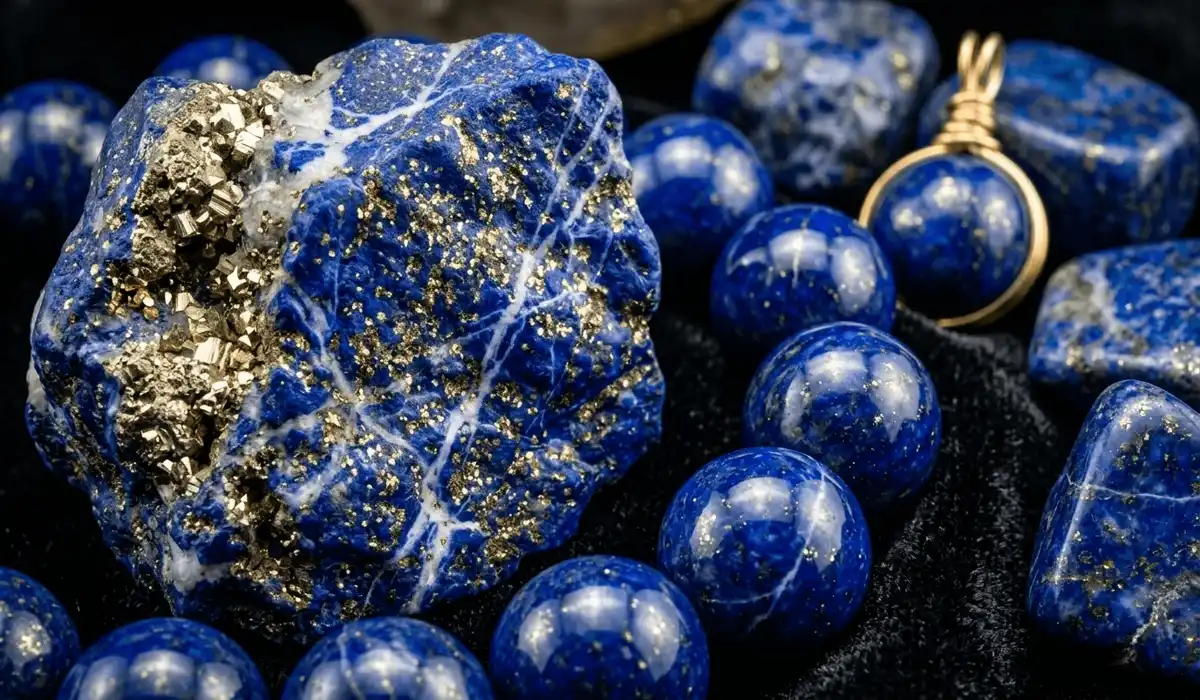 Which Hand to Wear Your Lapis Lazuli Bracelet for Energy and Wisdom? - Buddha Bodhis Close-up of Lapis Lazuli gemstones featuring deep blue lazurite and golden pyrite flecks representing wisdom and royalty.