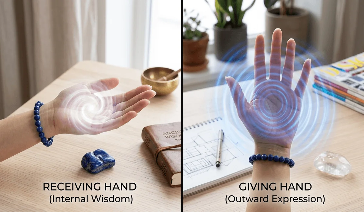 Which Hand to Wear Your Lapis Lazuli Bracelet for Energy and Wisdom? 2 - Buddha Bodhis Comparison of wearing a Lapis Lazuli bracelet on the left hand for receiving wisdom and the right hand for projecting truth.