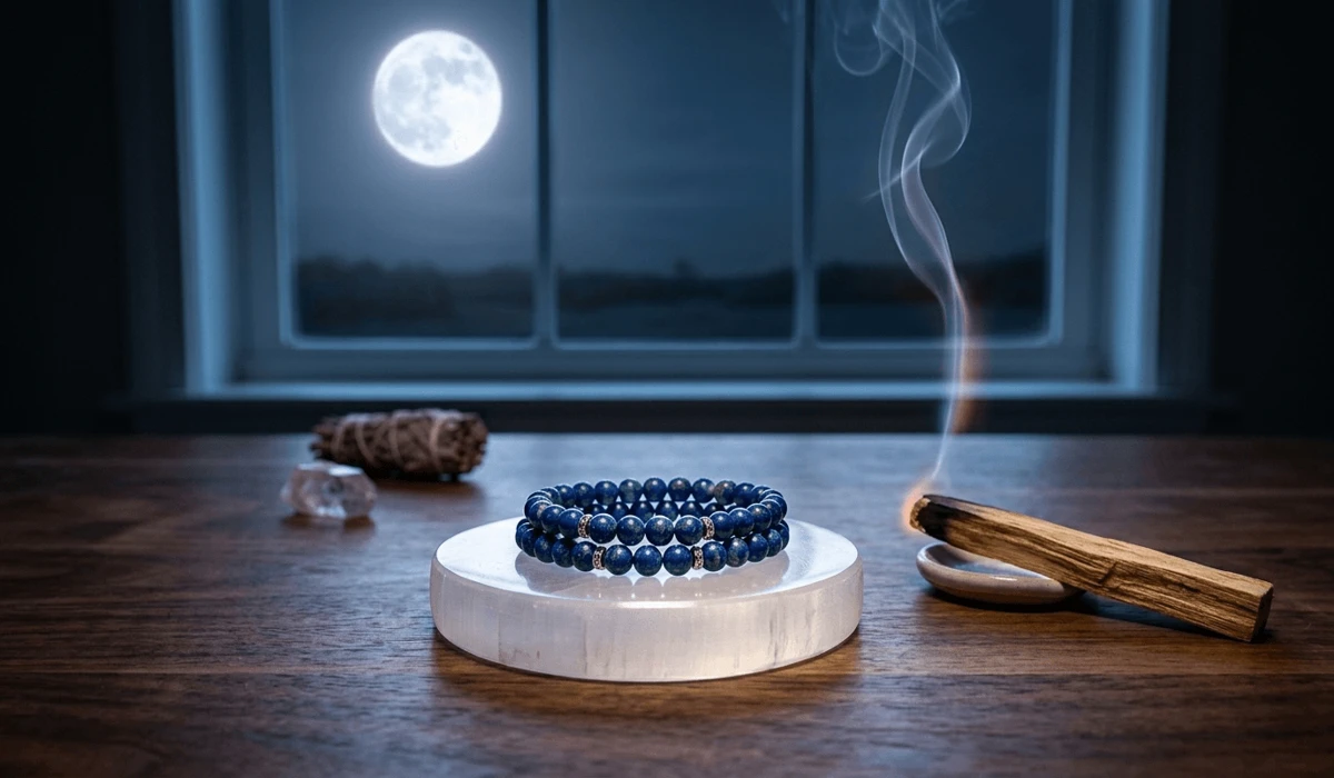 Which Hand to Wear Your Lapis Lazuli Bracelet for Energy and Wisdom? 4 - Buddha Bodhis Lapis Lazuli bracelet being cleansed with sage smoke and charged under moonlight on a selenite plate.