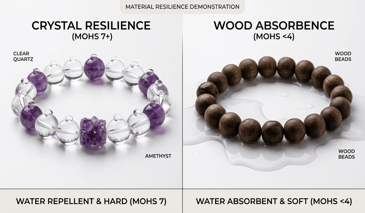 Can You Shower With Your Bracelet? A Guide to Safe Materials, Proper Care, and Cleansing - Buddha Bodhis Comparison of water-safe gemstones like quartz versus water-sensitive wooden beads under water droplets.