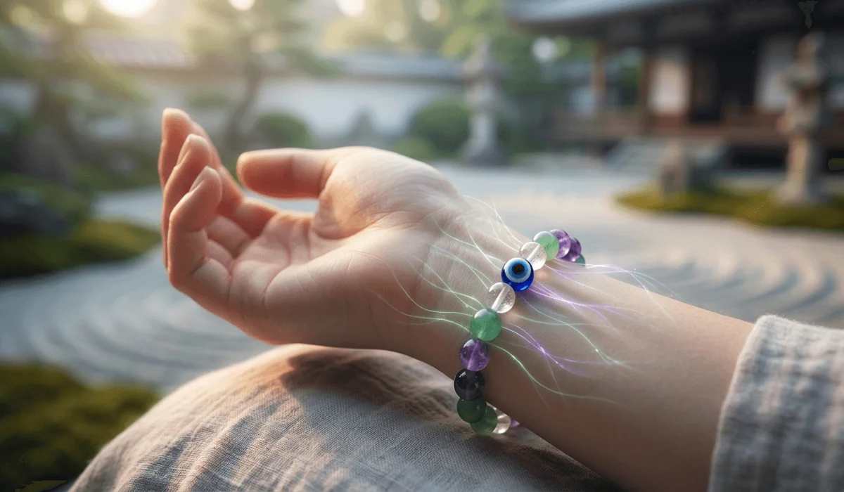 Can You Shower With Your Bracelet? A Guide to Safe Materials, Proper Care, and Cleansing 1 - Buddha Bodhis Crystal healing bracelet on a wrist with glowing chakra energy lines representing spiritual symbolism.
