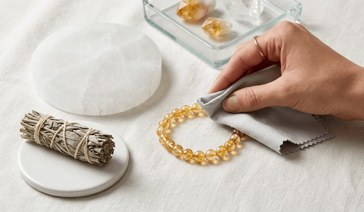 Can You Shower With Your Bracelet? A Guide to Safe Materials, Proper Care, and Cleansing 5 - Buddha Bodhis Professional jewelry care setup featuring a microfiber cloth drying a bracelet next to a selenite charging plate.