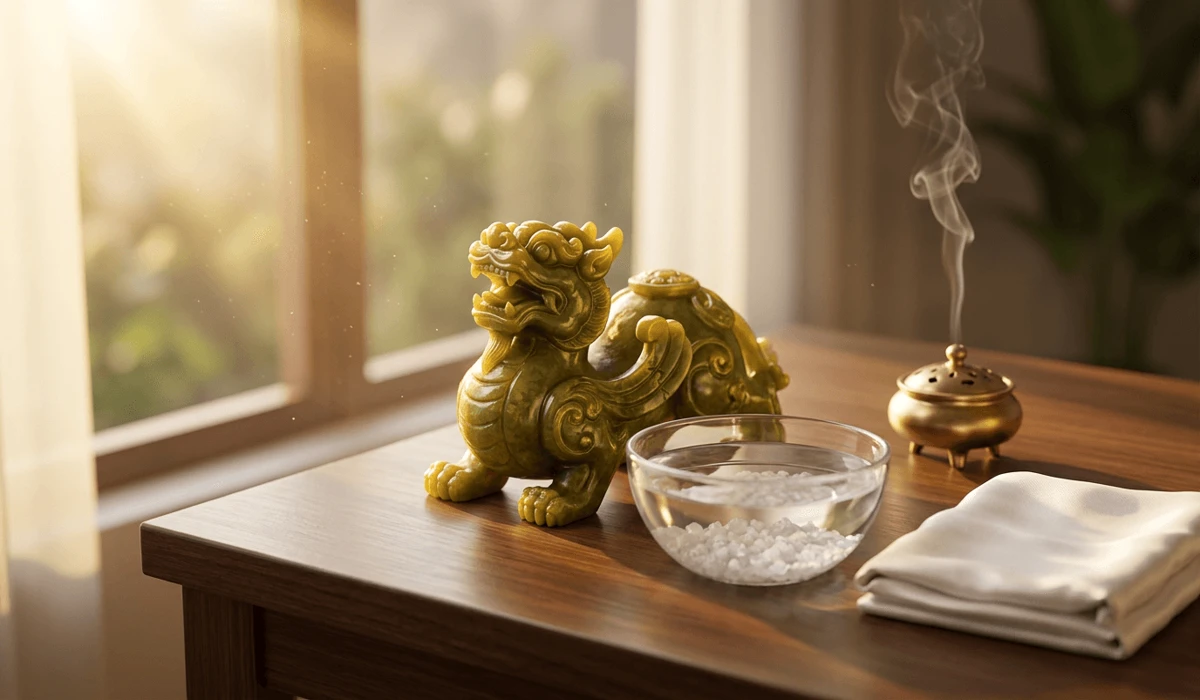 Pixiu Placement Guide: Feng Shui Rules for Your Home and Office - Buddha Bodhis Preparation tools for Pixiu activation including salt water bowl, white cloth, and golden statue on a clean surface.