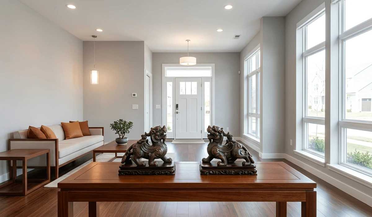 Pixiu Placement Guide: Feng Shui Rules for Your Home and Office 1 - Buddha Bodhis Correct placement of a pair of Pixiu statues in a living room facing the main entrance for wealth energy.