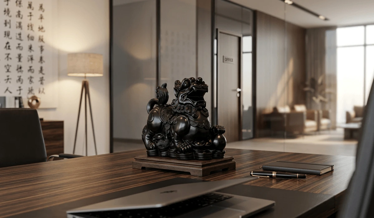 Pixiu Placement Guide: Feng Shui Rules for Your Home and Office 2 - Buddha Bodhis Pixiu statue placement on an office desk facing the door to attract business success and prosperity.