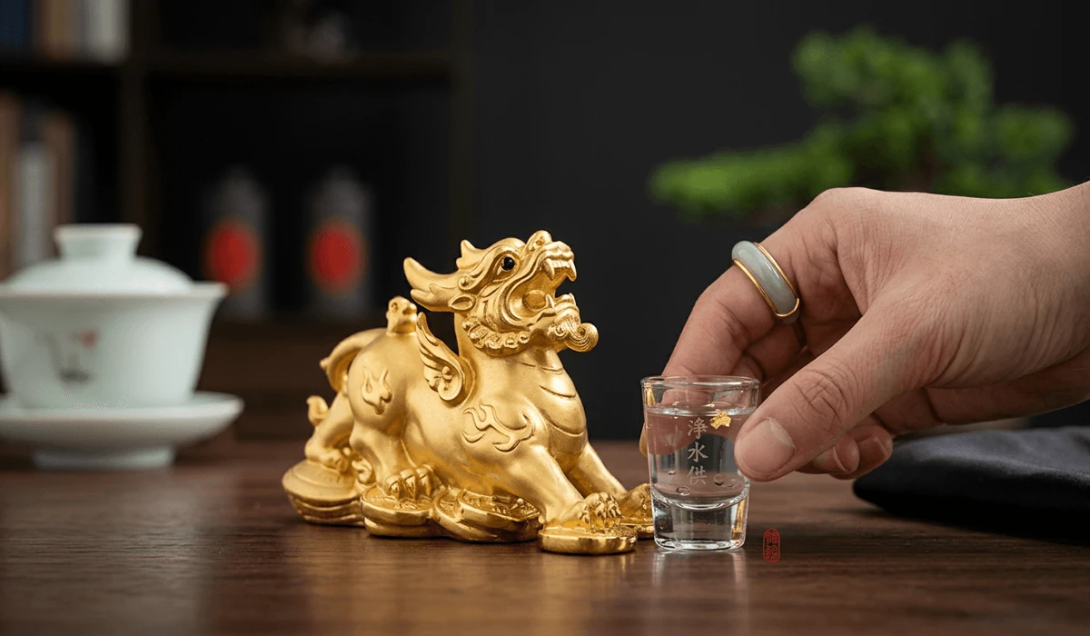 Pixiu Placement Guide: Feng Shui Rules for Your Home and Office 4 - Buddha Bodhis Close-up of a water offering being placed in front of a Pixiu statue as part of a daily care routine.