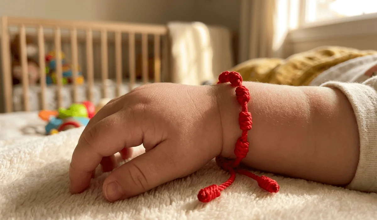 The Spiritual Meaning and Protection of 7 Knot Red String Bracelets for Toddlers - Buddha Bodhis Close-up of a handmade 7 knot red string protection bracelet on a toddler's wrist showing adjustable cord detail.