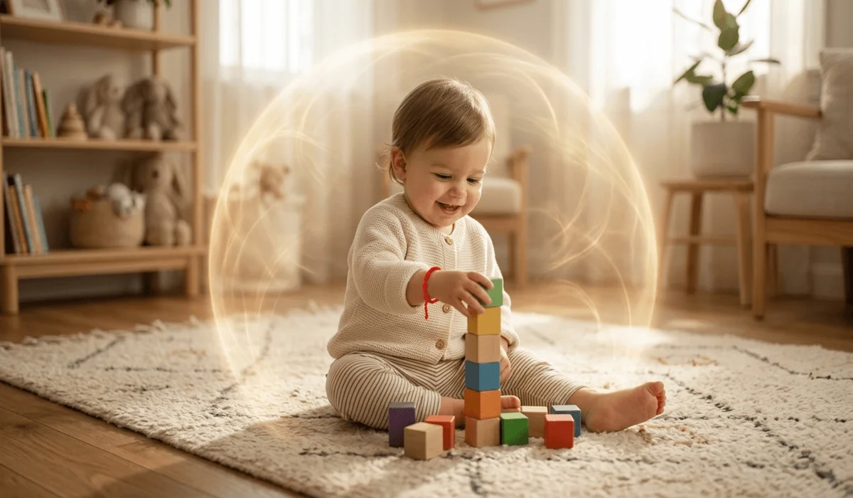 The Spiritual Meaning and Protection of 7 Knot Red String Bracelets for Toddlers 1 - Buddha Bodhis Toddler playing safely wearing a 7 knot red string bracelet symbolizing a spiritual protective shield.