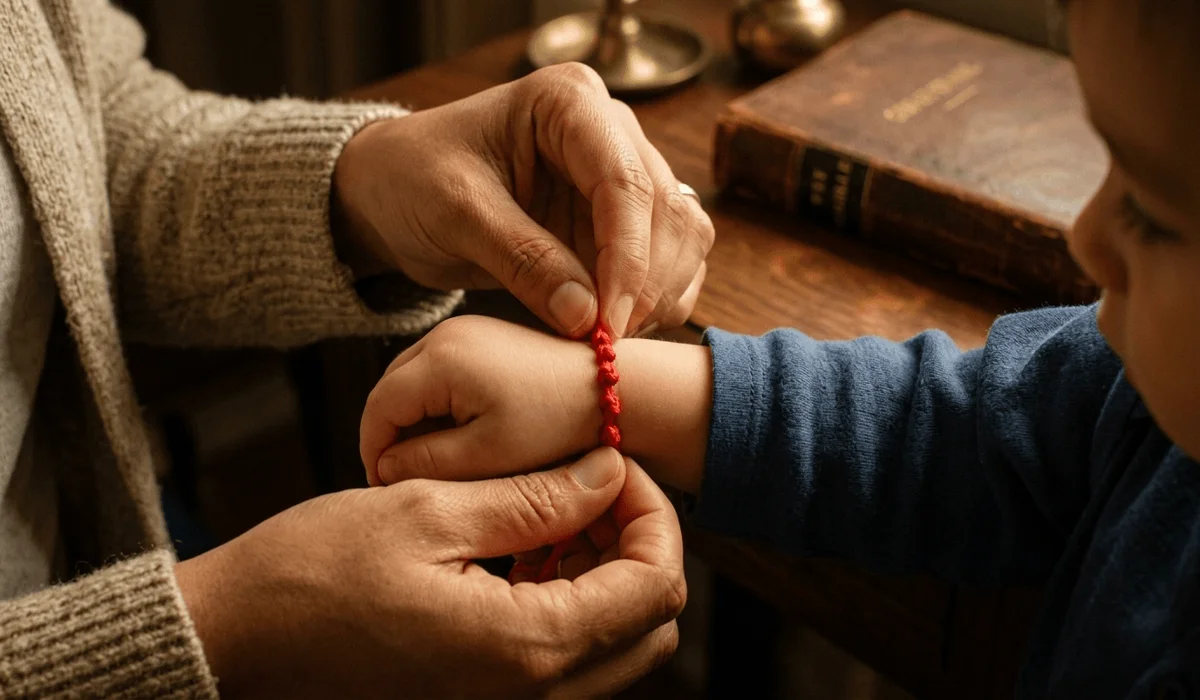 The Spiritual Meaning and Protection of 7 Knot Red String Bracelets for Toddlers 3 - Buddha Bodhis Parent placing a red string bracelet on a toddler's left wrist as a ritual for protection and love.