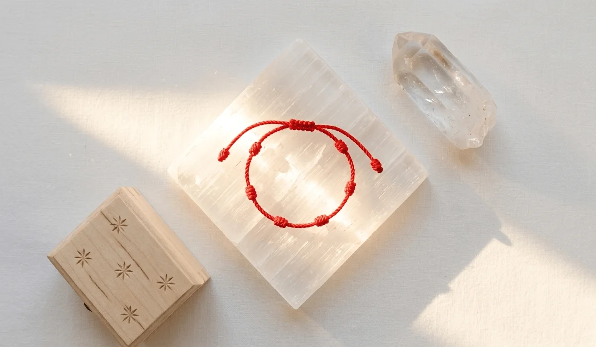 The Spiritual Meaning and Protection of 7 Knot Red String Bracelets for Toddlers 4 - Buddha Bodhis A 7 knot red string bracelet for kids being charged on a Selenite crystal for energy cleansing.