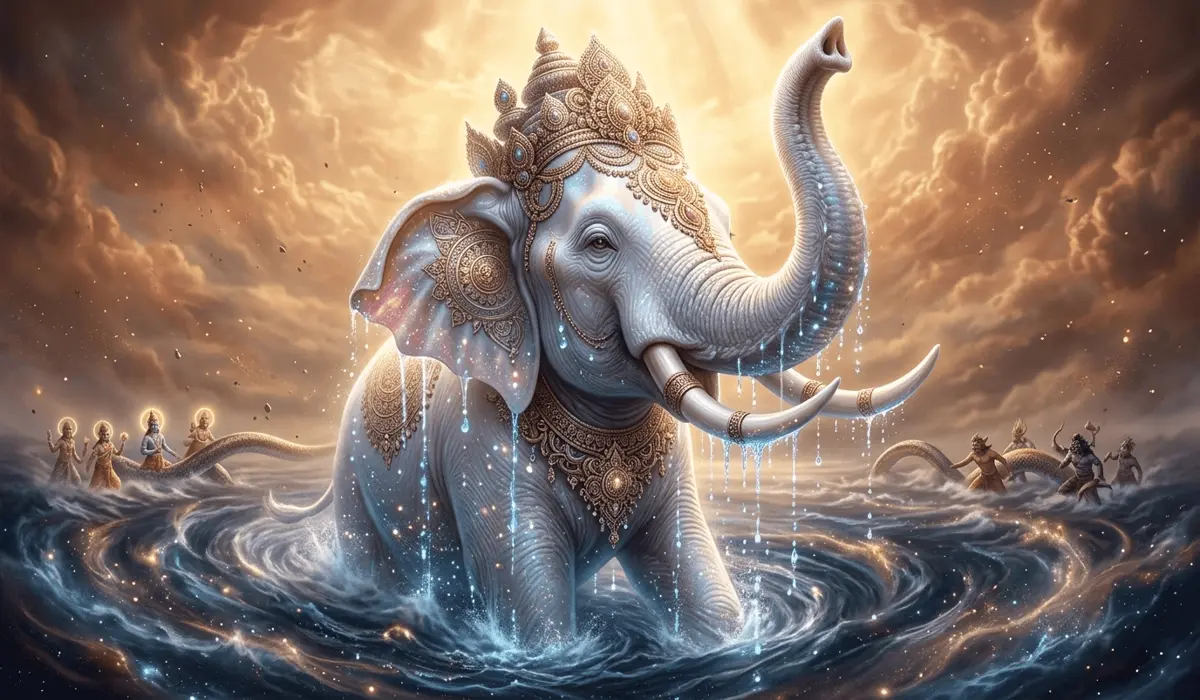 The Spiritual Meaning of an Elephant Trunk Up: Symbolism for Success and Prosperity - Buddha Bodhis Mythical white elephant Airavata with trunk raised emerging from the cosmic ocean, symbolizing Vedic divine authority.