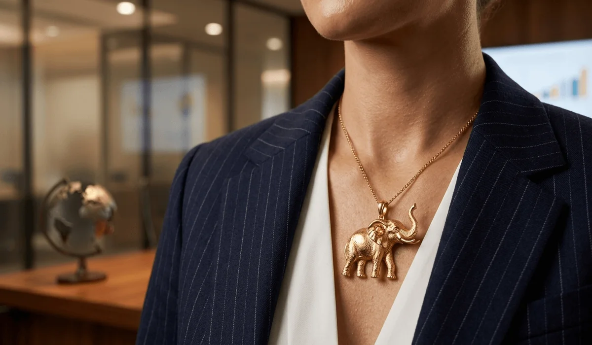 The Spiritual Meaning of an Elephant Trunk Up: Symbolism for Success and Prosperity 2 - Buddha Bodhis Close-up of a luxury gold elephant trunk up pendant necklace, symbolizing professional success and manifestation.