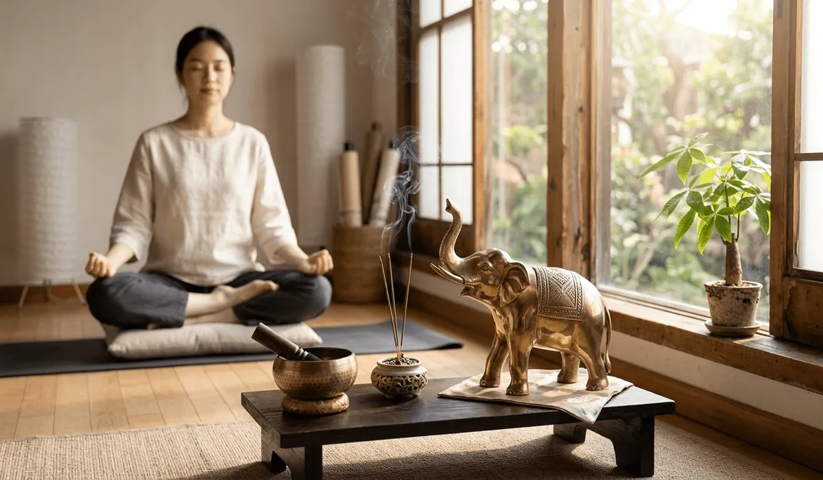 The Spiritual Meaning of an Elephant Trunk Up: Symbolism for Success and Prosperity 4 - Buddha Bodhis Serene meditation space with an elephant trunk up figurine on a wooden altar for ritual and goal setting.