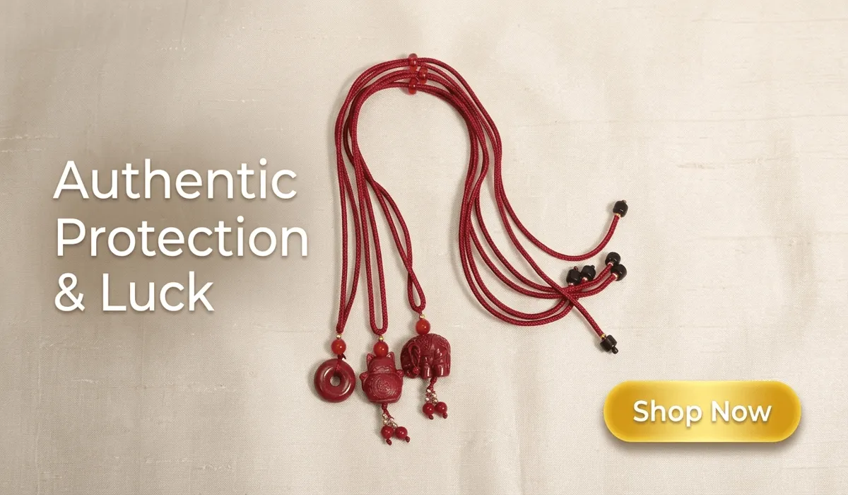 The Spiritual Meaning of an Elephant Trunk Up: Symbolism for Success and Prosperity 3 - Buddha Bodhis Handcrafted red cinnabar amulets necklace with lucky cat and elephant pendants on silk background.