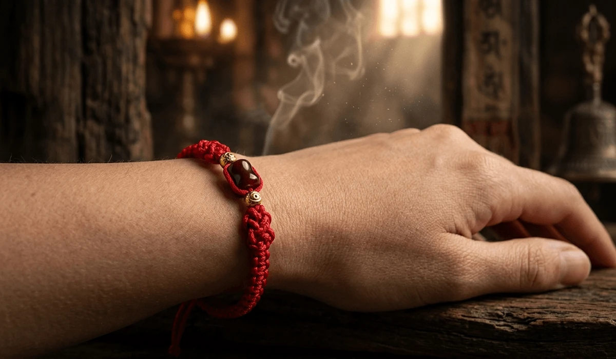 Can I Wear My Red String Bracelet in the Shower? Care and Spiritual Rules - Buddha Bodhis Authentic hand-braided red string bracelet on a wrist symbolizing spiritual protection and luck.