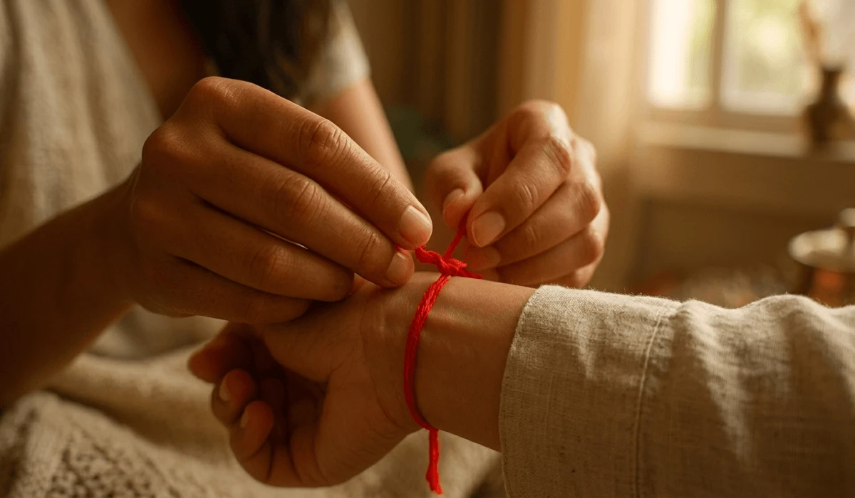 Can I Wear My Red String Bracelet in the Shower? Care and Spiritual Rules 3 - Buddha Bodhis Two people tying a red string bracelet on the left wrist during an intention-setting ritual.