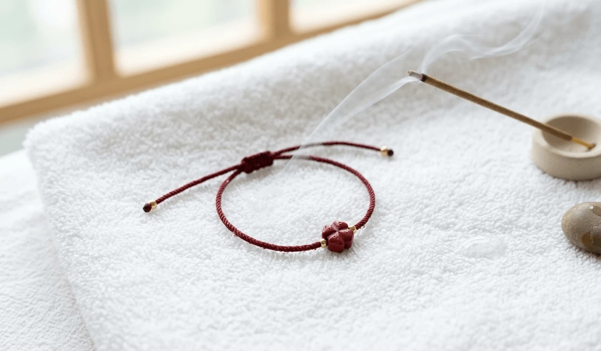 Can I Wear My Red String Bracelet in the Shower? Care and Spiritual Rules 5 - Buddha Bodhis A red string bracelet being dried on a towel next to cleansing incense smoke for spiritual maintenance.