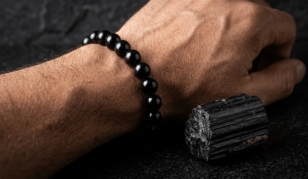 Black Tourmaline Bracelets for Men: A Guide to Energy Protection and EMF Shielding - Buddha Bodhis Close-up of a masculine Black Tourmaline bracelet with polished beads next to a raw Schorl gemstone showing natural striations.