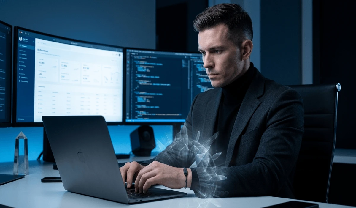 Black Tourmaline Bracelets for Men: A Guide to Energy Protection and EMF Shielding 3 - Buddha Bodhis A man wearing a Black Tourmaline bracelet for EMF protection and energy shielding in a modern digital workspace.