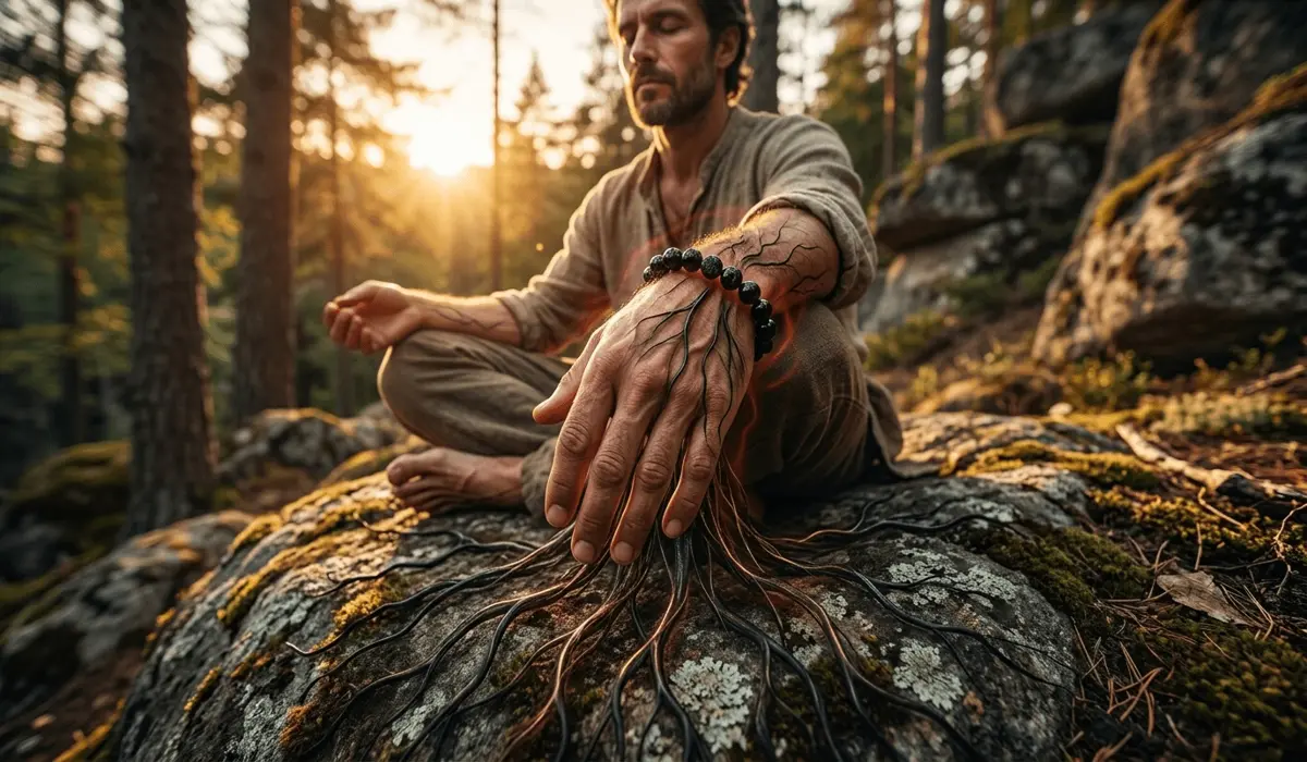 Black Tourmaline Bracelets for Men: A Guide to Energy Protection and EMF Shielding 5 - Buddha Bodhis Spiritual symbolism of a Black Tourmaline bracelet for men, showing Root Chakra grounding and emotional stability.