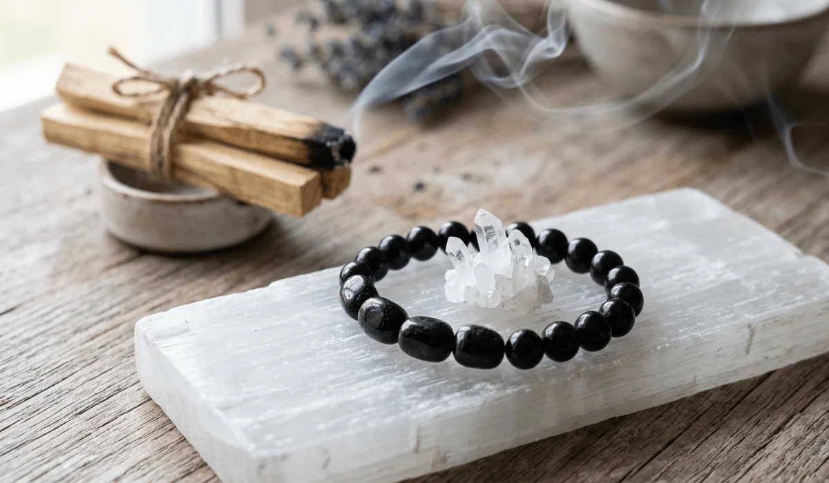 Black Tourmaline Bracelets for Men: A Guide to Energy Protection and EMF Shielding 6 - Buddha Bodhis Black Tourmaline bracelet being cleansed with Palo Santo smoke and a Selenite plate for energetic recharging.