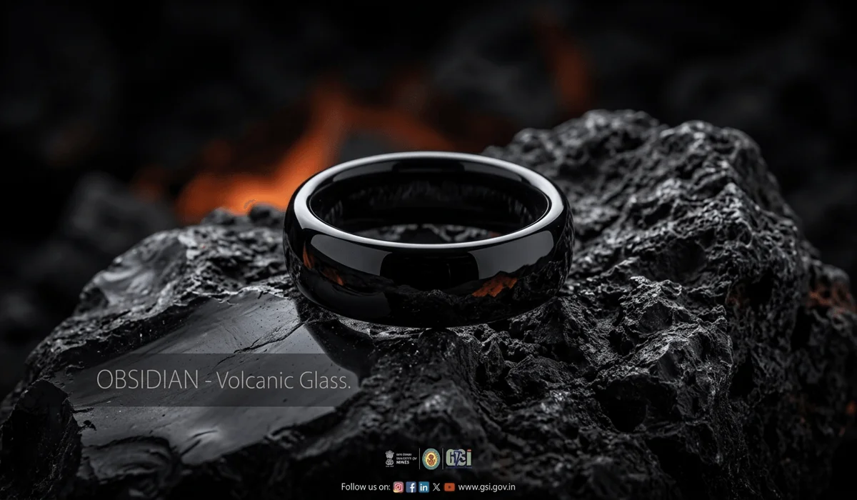Black Obsidian Ring Meaning: A Guide to Protection and Spiritual Benefits - Buddha Bodhis A polished black obsidian ring displaying its glass-like luster on a raw volcanic rock base, symbolizing its origin and meaning.