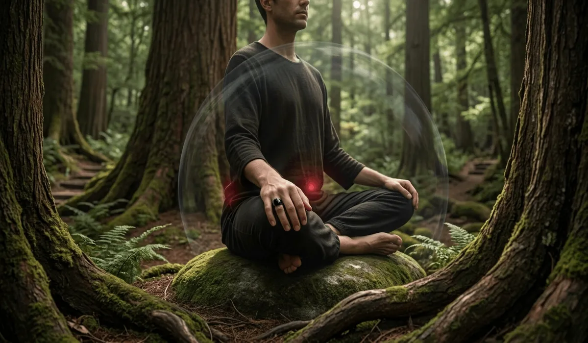 Black Obsidian Ring Meaning: A Guide to Protection and Spiritual Benefits 1 - Buddha Bodhis A person meditating with a black obsidian ring, visualizing a protective energy shield and root chakra grounding.