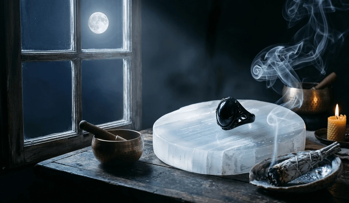Black Obsidian Ring Meaning: A Guide to Protection and Spiritual Benefits 4 - Buddha Bodhis Cleansing and charging a black obsidian ring on a selenite plate under moonlight with sage smoke.
