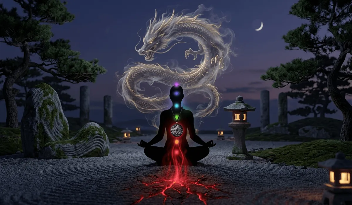 The Spiritual Meaning and Benefits of the Black Obsidian Dragon Pendant 2 - Buddha Bodhis Conceptual art showing a black obsidian dragon pendant aligning the root chakra and providing spiritual grounding through dragon energy.