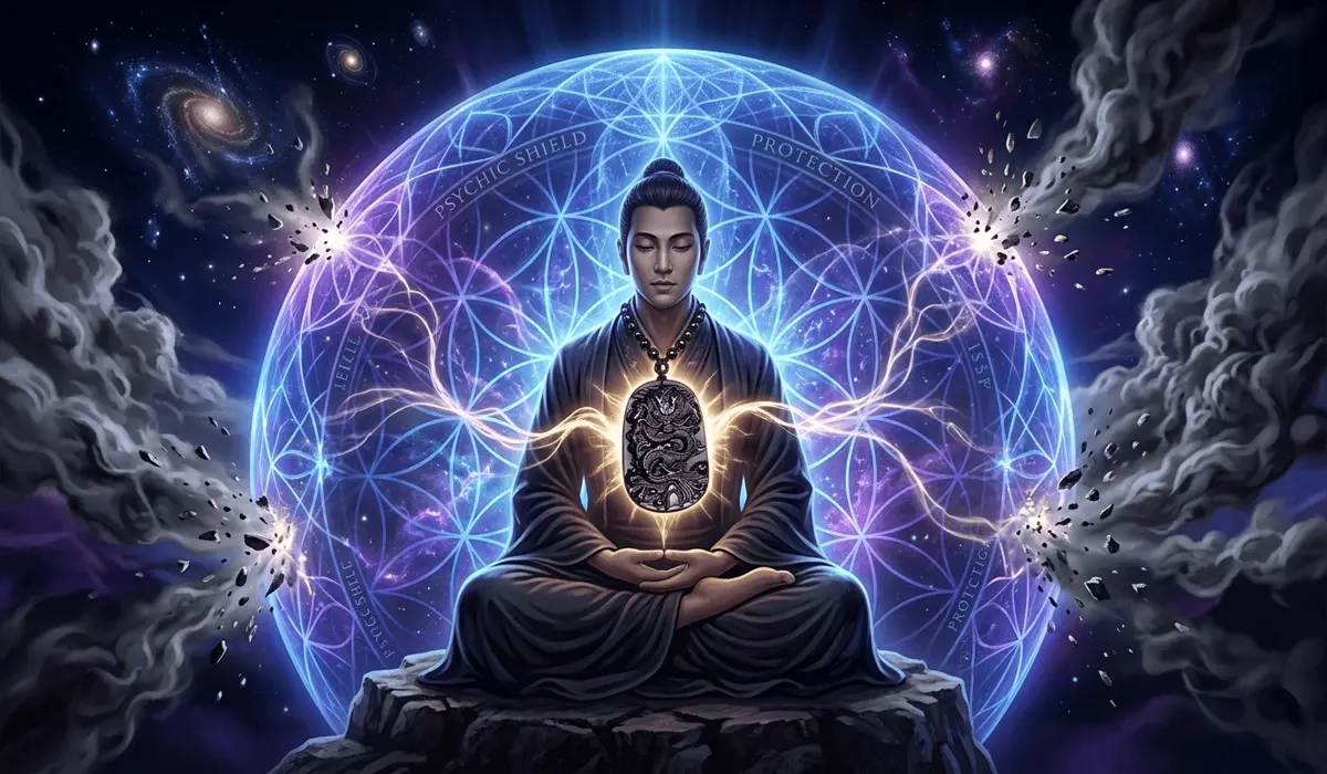 The Spiritual Meaning and Benefits of the Black Obsidian Dragon Pendant 3 - Buddha Bodhis An illustration of the psychic protection benefits of a black obsidian dragon pendant deflecting negative energy.