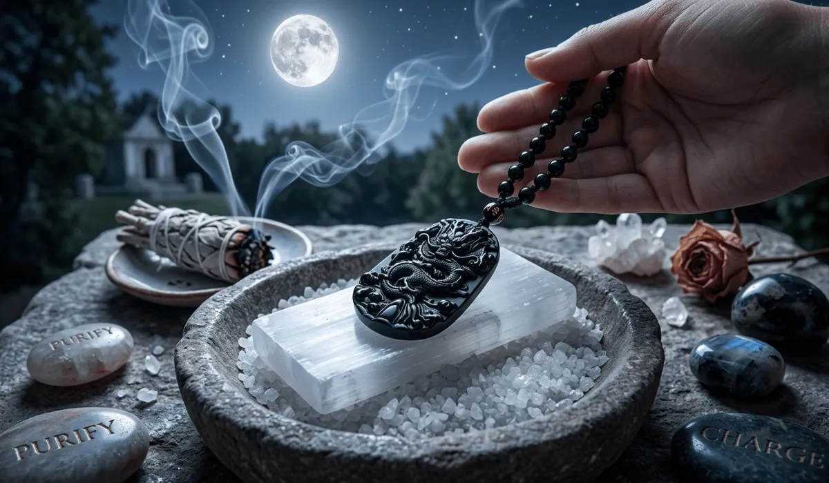 The Spiritual Meaning and Benefits of the Black Obsidian Dragon Pendant 4 - Buddha Bodhis A black obsidian dragon pendant being cleansed and charged under moonlight on a selenite plate with sage.