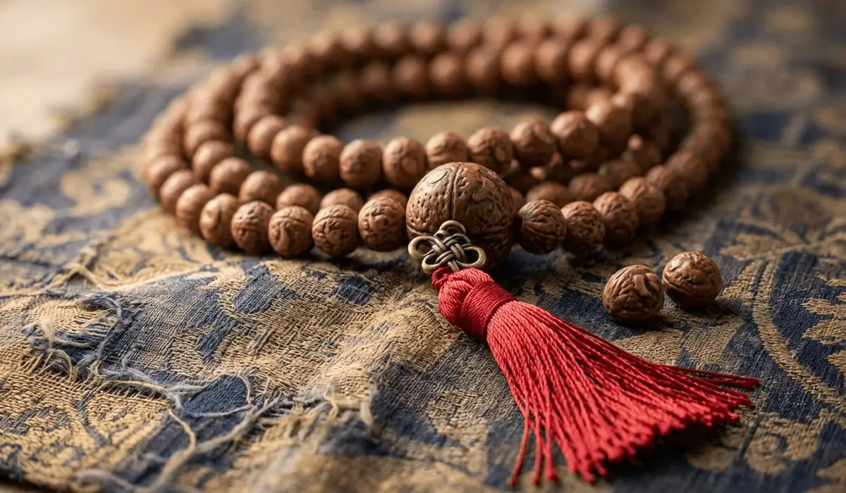 The Sacred Significance of 108 Bodhi Seed Mala Beads - Buddha Bodhis Close-up of 108 Bodhi seed mala beads showing the Guru bead and silk tassel on a silk background.