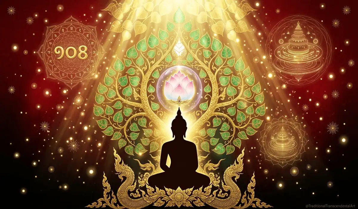 The Sacred Significance of 108 Bodhi Seed Mala Beads 1 - Buddha Bodhis Spiritual illustration of Buddha's enlightenment under a Bodhi tree with symbolic 108 numerical patterns.