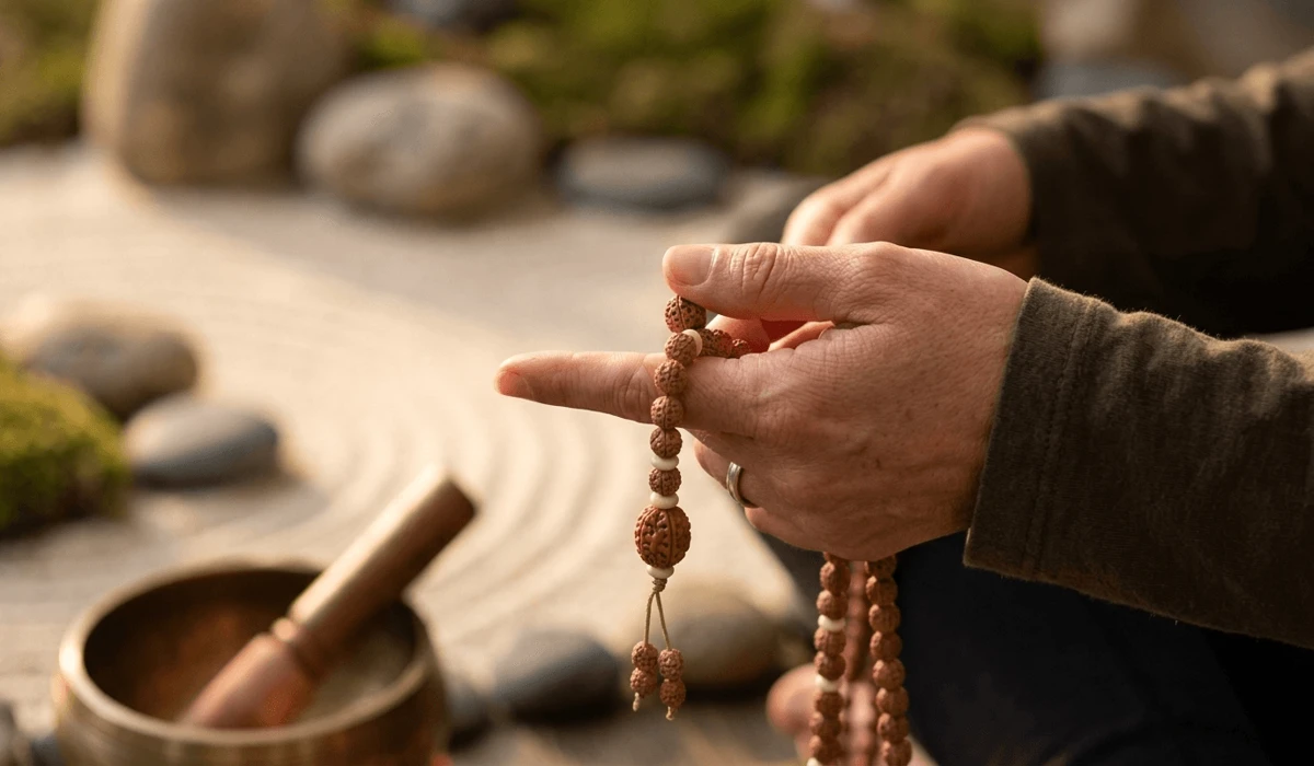 The Sacred Significance of 108 Bodhi Seed Mala Beads 2 - Buddha Bodhis Hands using 108 Bodhi beads for mantra recitation during a mindfulness meditation session.