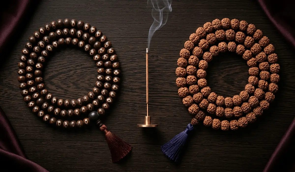 The Sacred Significance of 108 Bodhi Seed Mala Beads 3 - Buddha Bodhis Comparison of Phoenix Eye Bodhi seeds and Rudraksha beads with incense smoke for spiritual cleansing.
