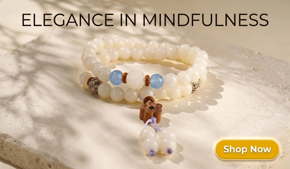 The Sacred Significance of 108 Bodhi Seed Mala Beads 4 - Buddha Bodhis Handcrafted White Bodhi Seed Double-Wrap Bracelet with Blue Chalcedony Amulet on a Zen-style background with Shop Now button
